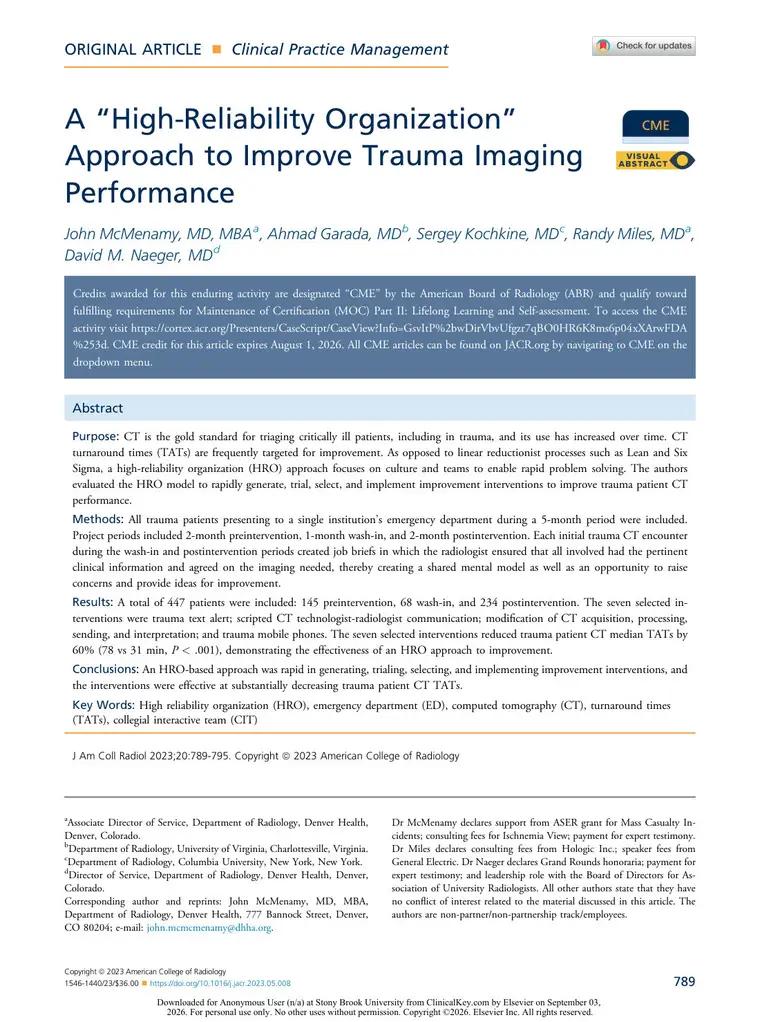 Cover of A “High-Reliability Organization” Approach to Improve Trauma Imaging Performance