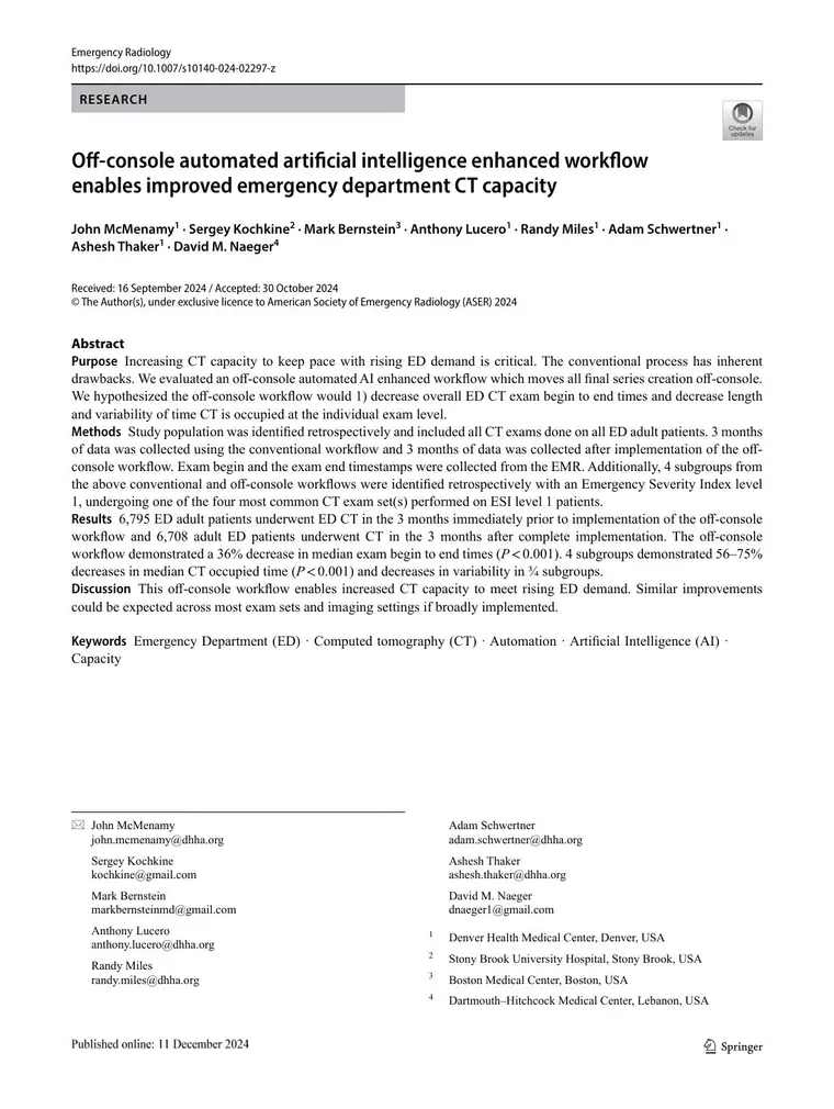 Cover of Off-console automated artificial-intelligence enhanced workflow enables improved emergency department CT capacity