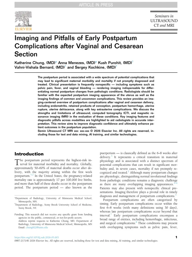 Cover of Imaging and Pitfalls of Early Postpartum Complications after Vaginal and Cesarean Section